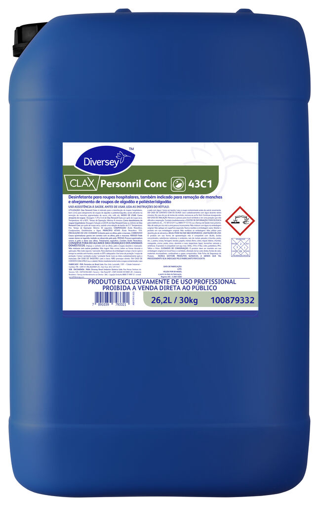 CLAX PERSONRIL CONC 26.2L - DESINFETANTE PARA ROUPAS HOSPITALARES, TAMBÉM INDICADO PARA REMOÇÃO DE MANCHAS E ALVEJAMENTO DE ROUPAS DE ALGODÃO E POLIÉSTER/ALGODÃO
